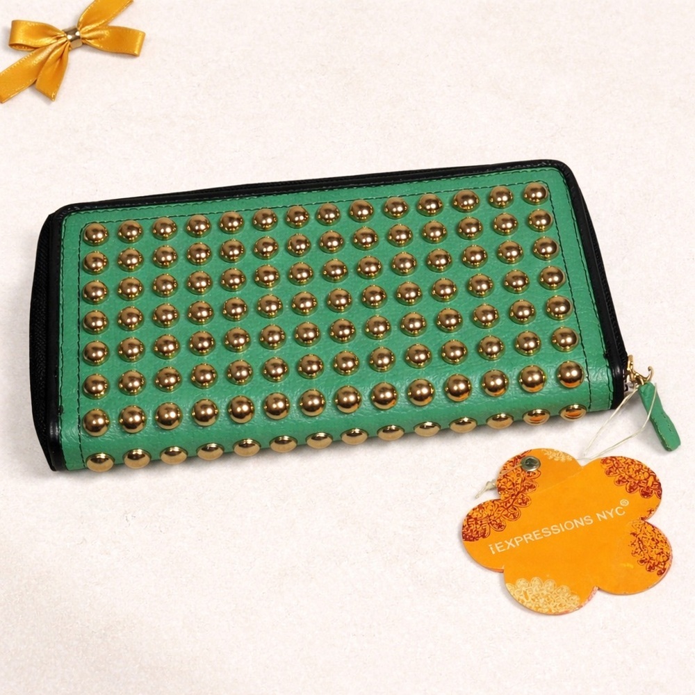Expressions NYC Green Clutch Studded Zip Wallet